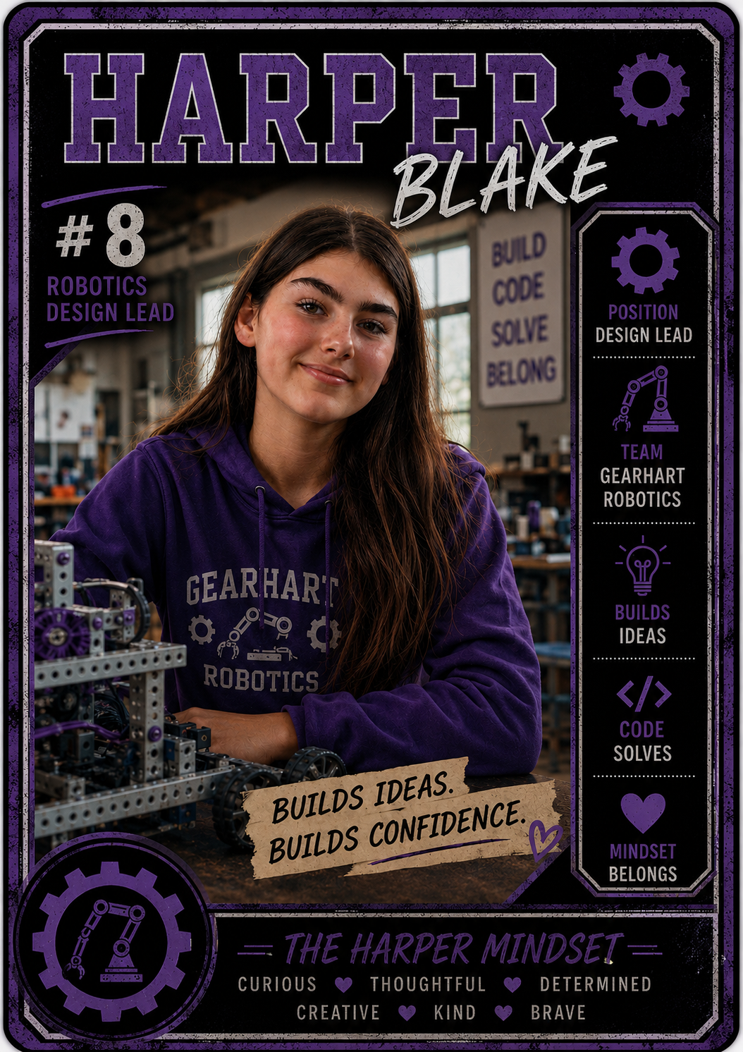 Harper Blake character card – #8, Robotics Design Lead at Gearhart Robotics, Builds Ideas Builds Confidence