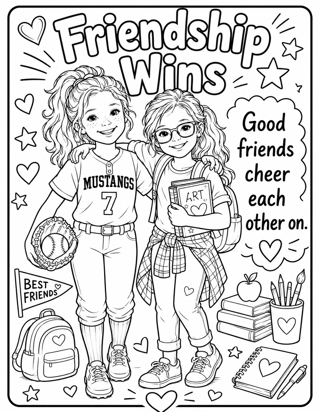 Friendship Wins coloring page featuring characters from Kelly Dean's books