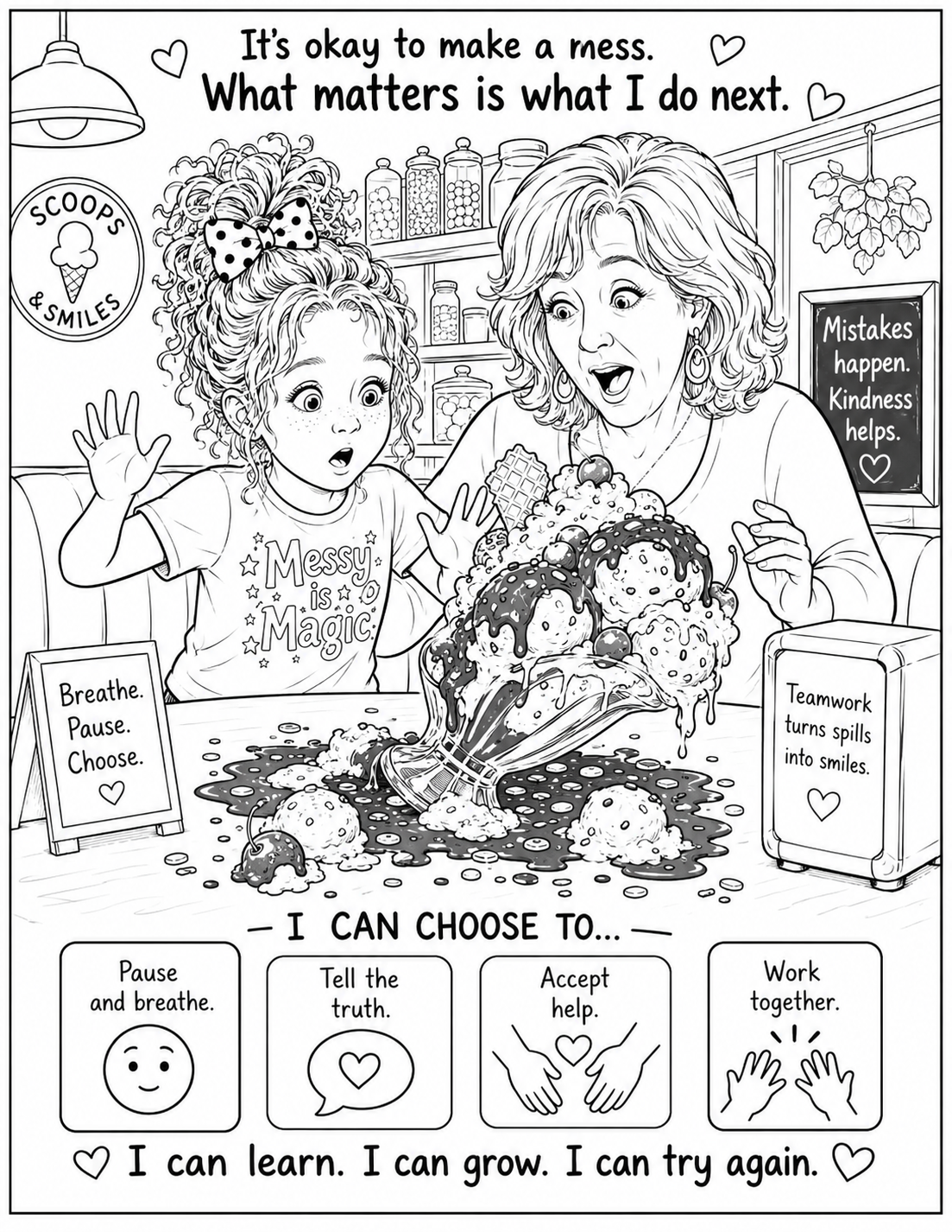 It's okay to make a mess coloring page featuring Lexie at Scoops and Smiles ice cream shop