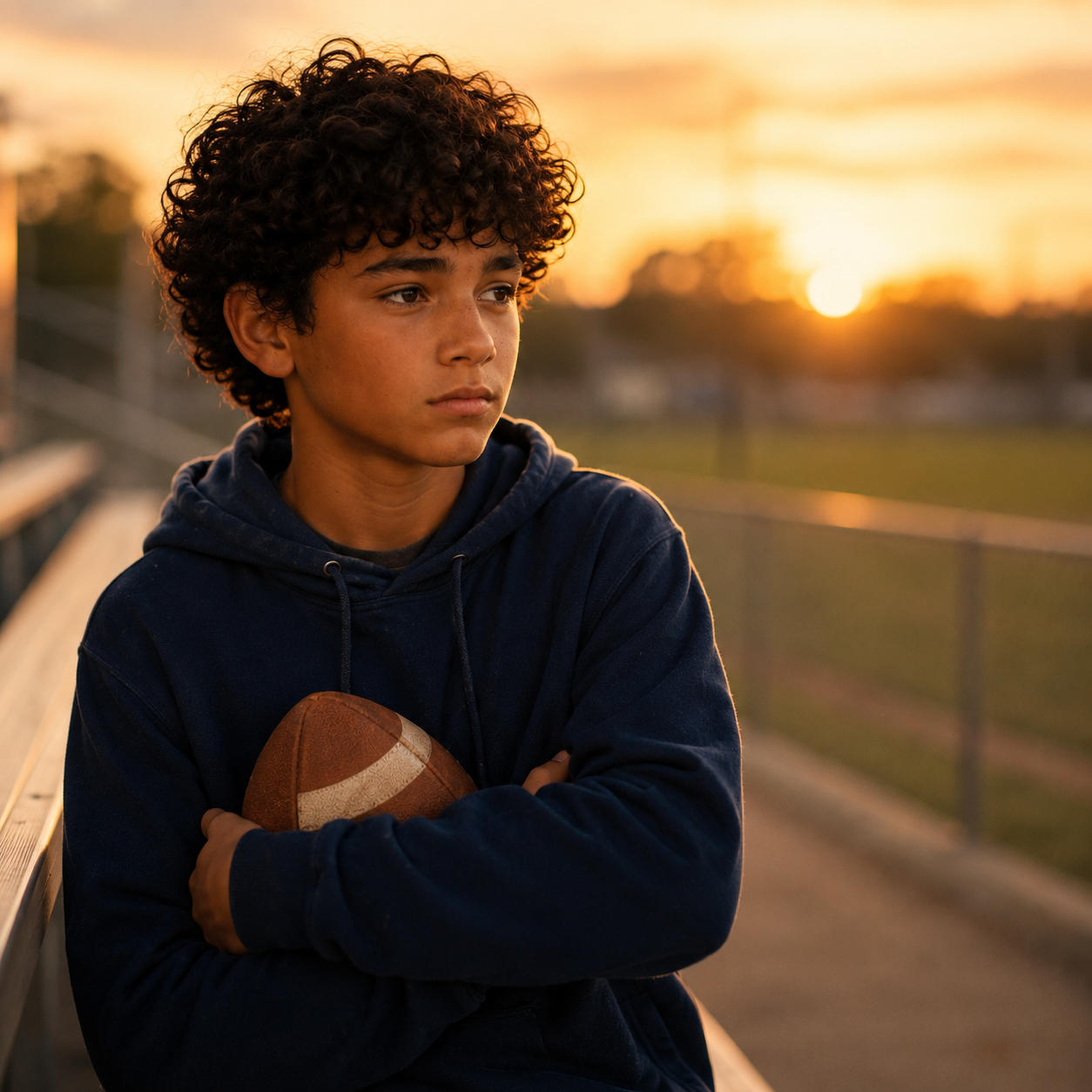 Teen boy with football at sunset