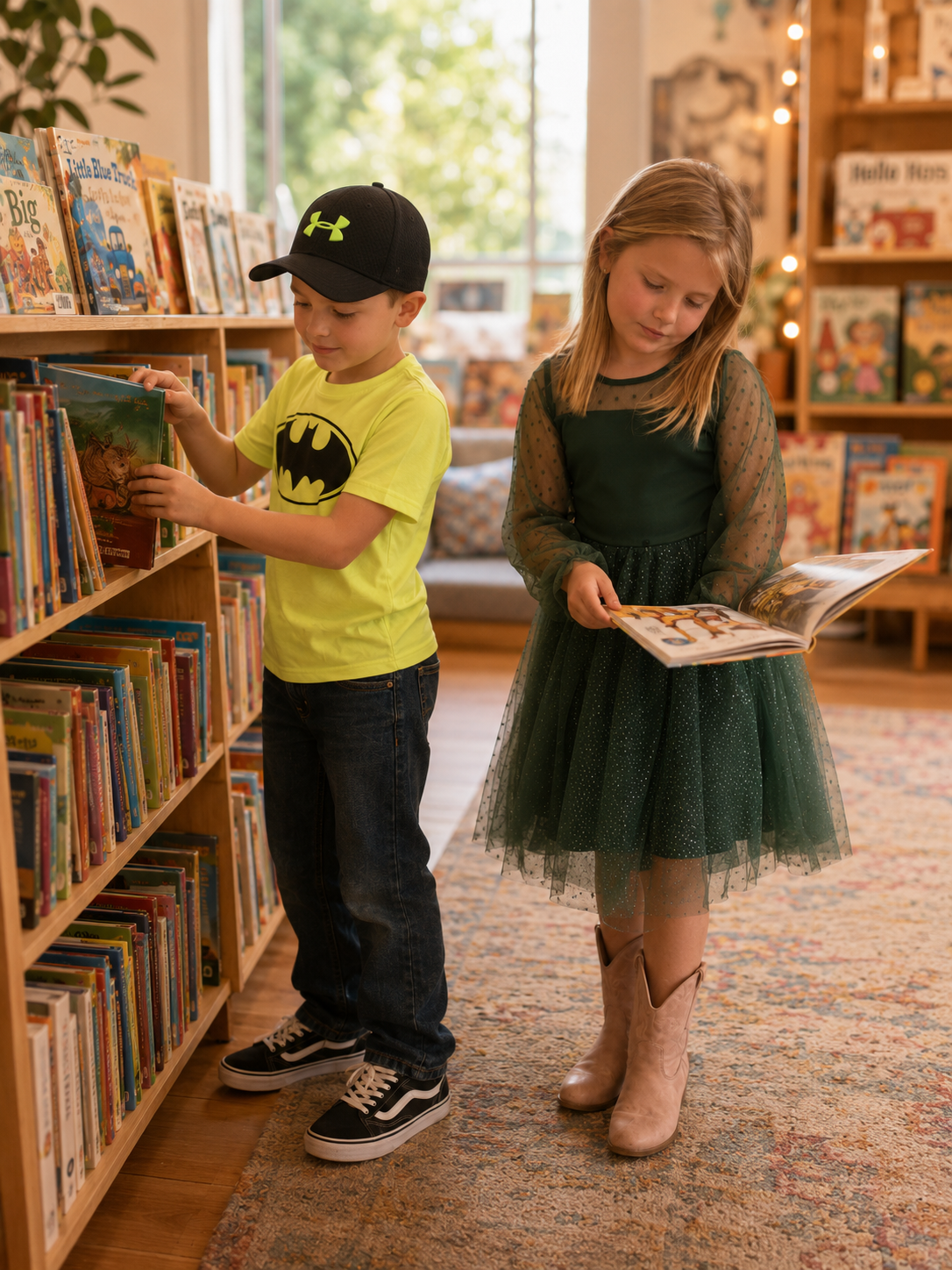 Two children browsing books in a cozy bookstore