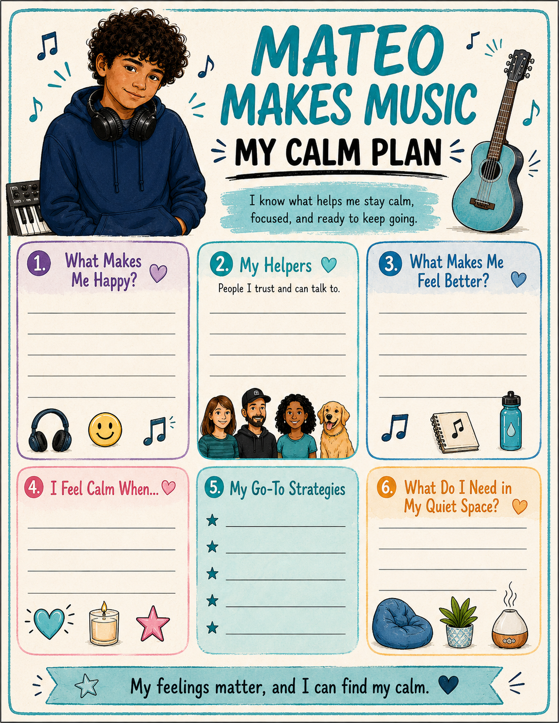 Mateo Makes Music: My Calm Plan SEL worksheet — available on Etsy