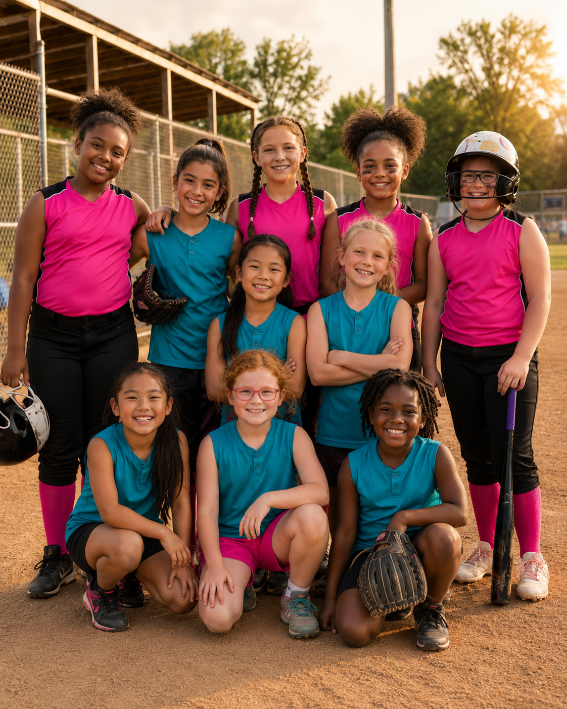 A girls softball team posing together on a dirt field, wearing pink and teal jerseys