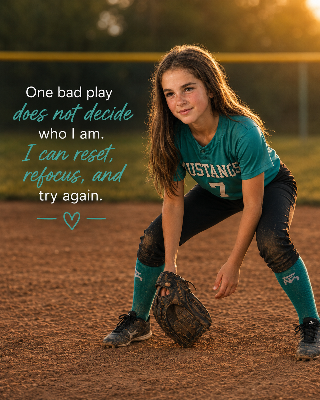 A young softball player in a teal Mustangs jersey with the quote: One bad play does not decide who I am. I can reset, refocus, and try again.