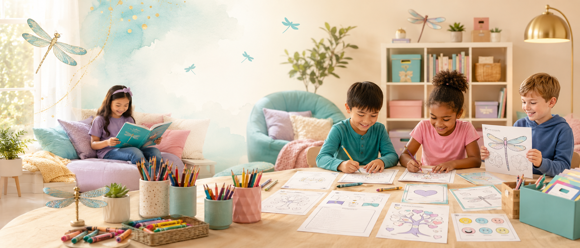 Classroom with happy students learning