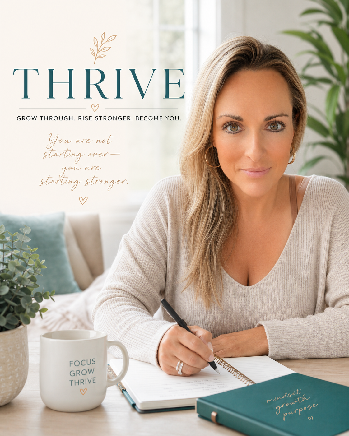 Woman writing in a journal at a desk with a Focus Grow Thrive mug — Beyond the Books for Adults