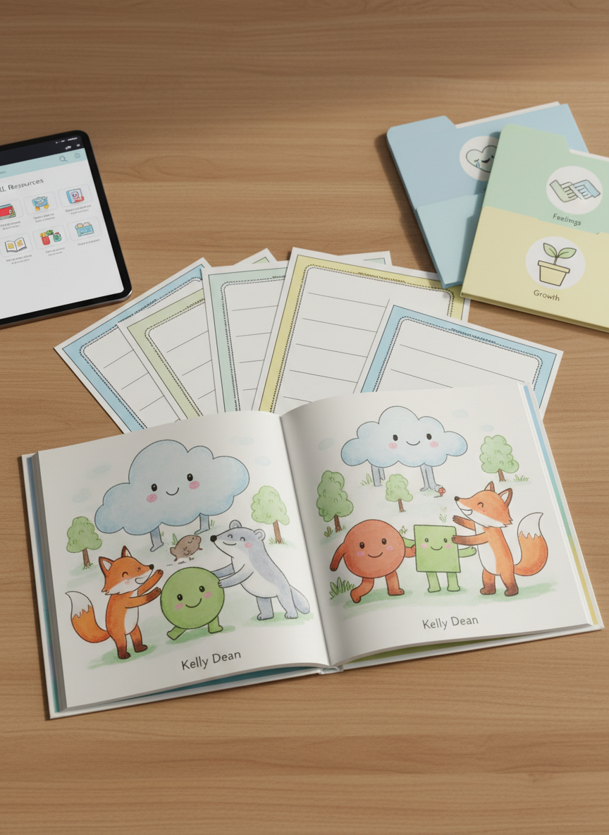 An organized educator’s desk set up for an SEL lesson, featuring an open children’s book by Kelly Dean displaying a colorful spread of non-human characters—clouds, animals, and geometric shapes—comforting one another. Surrounding the book are neatly arranged printable worksheets, a tablet showing a resource library page, and a small stack of labeled folders reading “Feelings,” “Friendship,” and “Growth” as icon-like images only, no text. Diffused afternoon light bathes the workspace, highlighting the smooth wood grain and crisp paper edges. The composition is shot from a slightly elevated angle with sharp focus throughout, conveying a professional, supportive, and empowering tone in a polished, enhanced style suitable for teachers and parents alike.