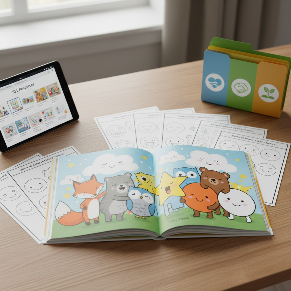 An organized educator’s desk set up for an SEL lesson, featuring an open children’s book by Kelly Dean displaying a colorful spread of non-human characters—clouds, animals, and geometric shapes—comforting one another. Surrounding the book are neatly arranged printable worksheets, a tablet showing a resource library page, and a small stack of labeled folders reading “Feelings,” “Friendship,” and “Growth” as icon-like images only, no text. Diffused afternoon light bathes the workspace, highlighting the smooth wood grain and crisp paper edges. The composition is shot from a slightly elevated angle with sharp focus throughout, conveying a professional, supportive, and empowering tone in a polished, enhanced style suitable for teachers and parents alike.