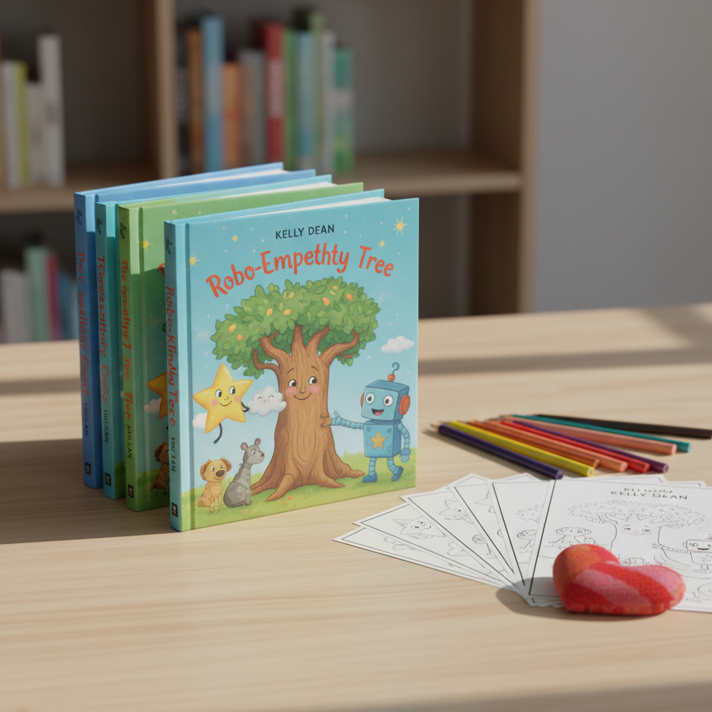 A neatly stacked collection of colorful children’s books authored by Kelly Dean, each cover featuring whimsical, non-human characters like friendly stars, talking trees, and playful robots that hint at social-emotional learning themes. The books rest on a light birch wood tabletop beside a tidy set of sharpened colored pencils, printable activity sheets, and a soft fabric bookmark shaped like a heart. Soft morning light from an unseen window washes across the scene, creating gentle highlights on the glossy covers and casting calm, elongated shadows. Shot at eye level with a slight angle, the background fades into a softly blurred bookshelf, giving a professional yet warm, inviting atmosphere with a clean, vibrant, enhanced illustrative style.