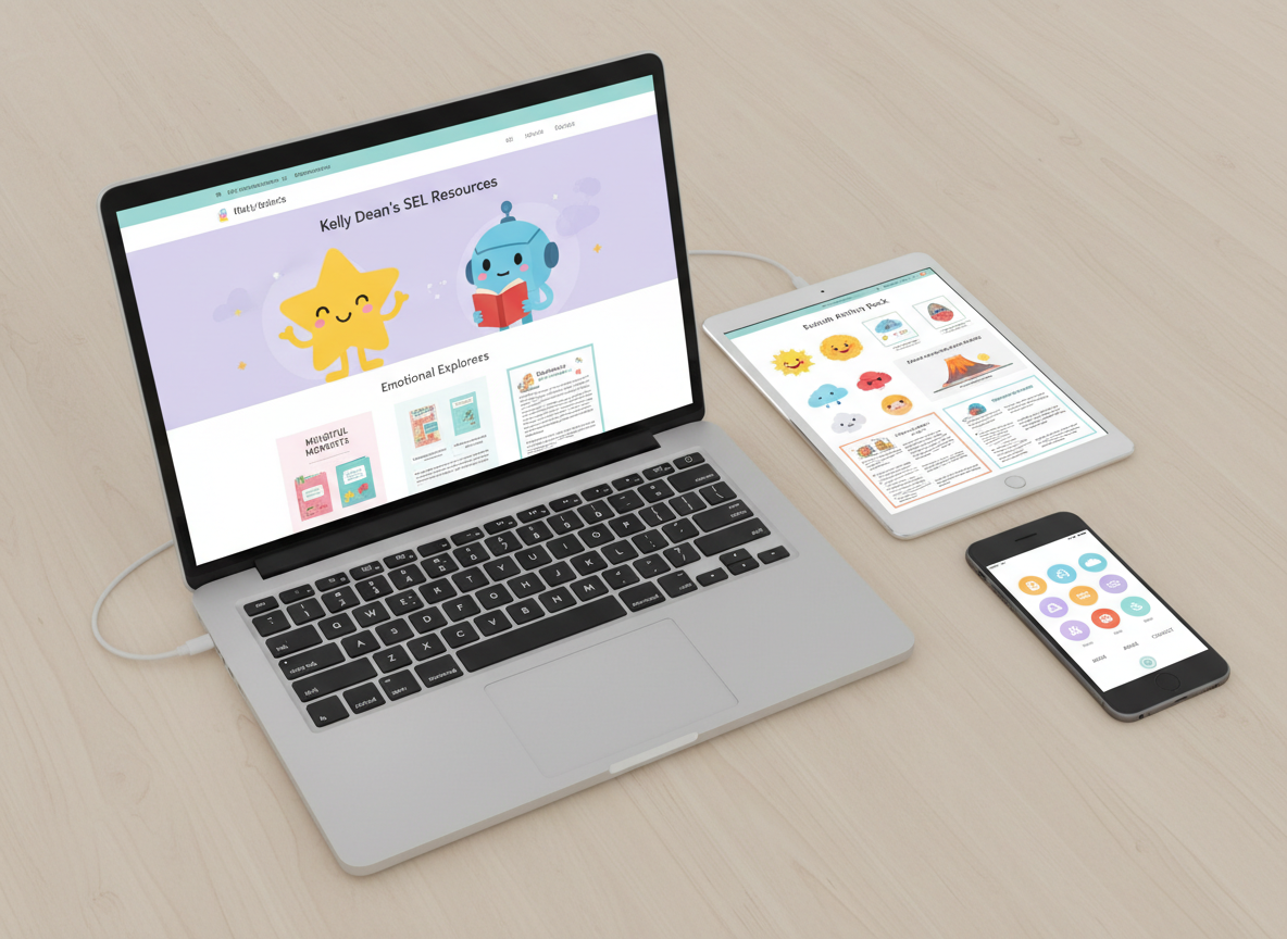 A digital product mockup scene showcasing Kelly Dean’s SEL resources on a modern laptop, tablet, and phone arranged neatly on a pale wooden desk. The laptop screen displays a vibrant homepage of children’s books and SEL printables, featuring non-human mascots like a smiling star and a thoughtful robot. The tablet shows a printable activity pack with feelings-themed icons, while the phone highlights icons representing shop links. Soft, even studio lighting creates minimal shadows and a professional, polished sheen on the devices. Shot from a top-down, flat-lay angle with clean negative space around the tech, the mood is organized, trustworthy, and empowering, perfectly suited for a business website offering downloadable resources for educators and caregivers.