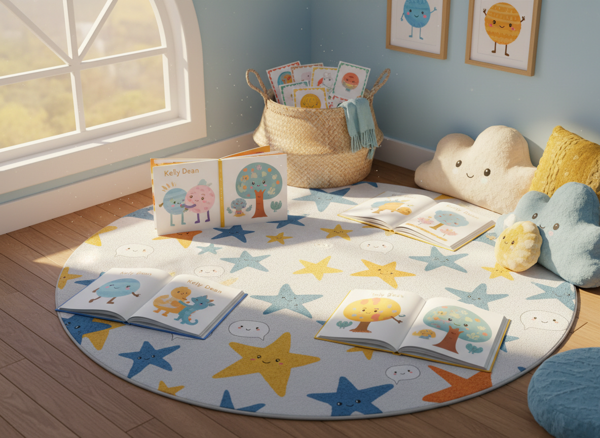 A cozy reading nook designed for children’s story time, centered around a low circular rug patterned with abstract stars and speech bubbles. On the rug, several brightly illustrated children’s books by Kelly Dean lie open, each page filled with diverse, non-human characters—smiling planets, gentle dragons, and expressive trees—experiencing different emotions. Nearby, a woven basket holds printable activity cards and simple SEL games. Soft golden-hour light pours through a large window, creating a comforting glow and soft shadows along the floor. Captured from a wide, slightly elevated perspective, the composition emphasizes warmth, inclusion, and curiosity in a clean, enhanced, storybook-inspired aesthetic with vibrant yet balanced colors.
