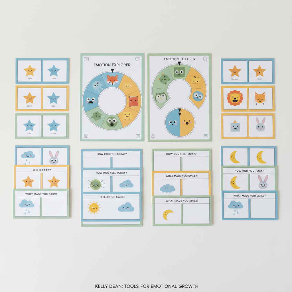 A detailed mockup of a printable SEL activity pack spread out on a smooth white surface, featuring emotion wheels, matching games, and reflection cards that use expressive faces on stars, animals, and shapes instead of humans. Each page has clear sections, colored borders in calming blues, greens, and warm yellows, and simple iconography for educators. Soft overhead studio lighting produces clean, minimal shadows and crisp contrast, highlighting the texture of the paper and the precision of the designs. Captured from a bird’s-eye view with symmetrical composition, the mood is structured, encouraging, and accessible, showcasing Kelly Dean’s professional, thoughtfully designed tools for parents and teachers supporting children’s emotional growth.