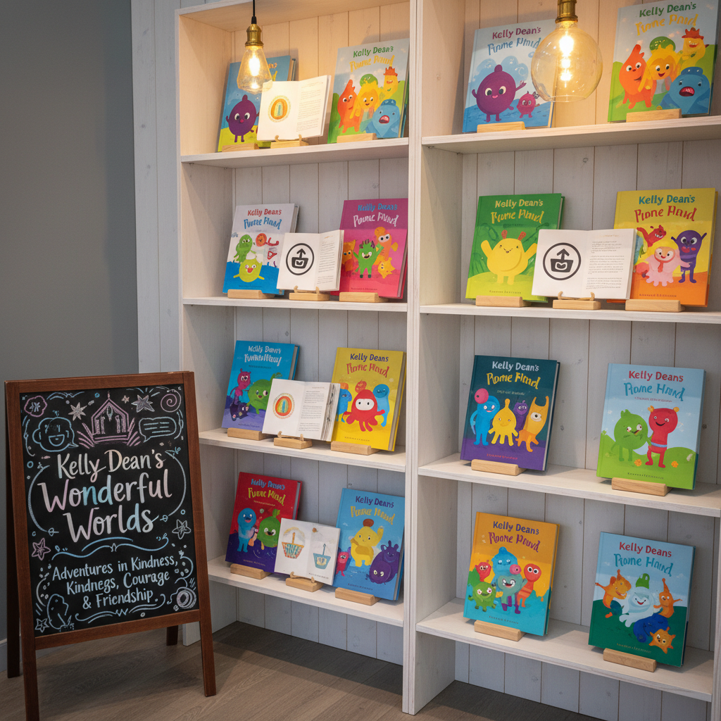 A charming book stall display concept for Kelly Dean’s titles, with tiered white wooden shelves filled with her children’s books featuring non-human characters of many colors and shapes, symbolizing diversity and inclusion. Small stands hold sample pages next to icons suggesting Amazon and Etsy availability without logos or text. A chalkboard-style sign frame sits nearby with decorative doodles of stars and speech bubbles in pastel chalk. Warm indoor pendant lighting creates soft pools of light and gentle shadows across the display. Shot at an eye-level angle with a slight perspective toward the shelves, the composition feels professional yet approachable, enhanced with crisp details and vibrant covers that communicate joy, empowerment, and SEL-focused storytelling.