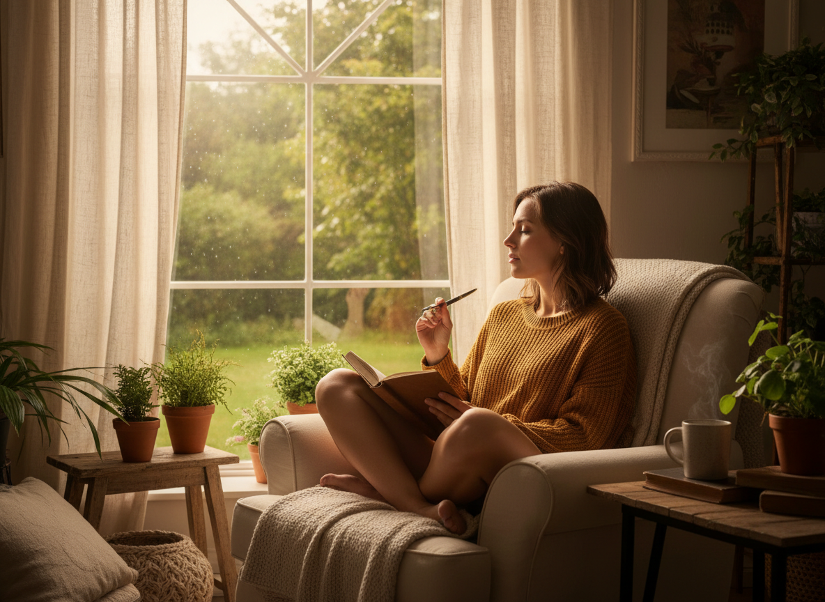 A woman journaling by a window