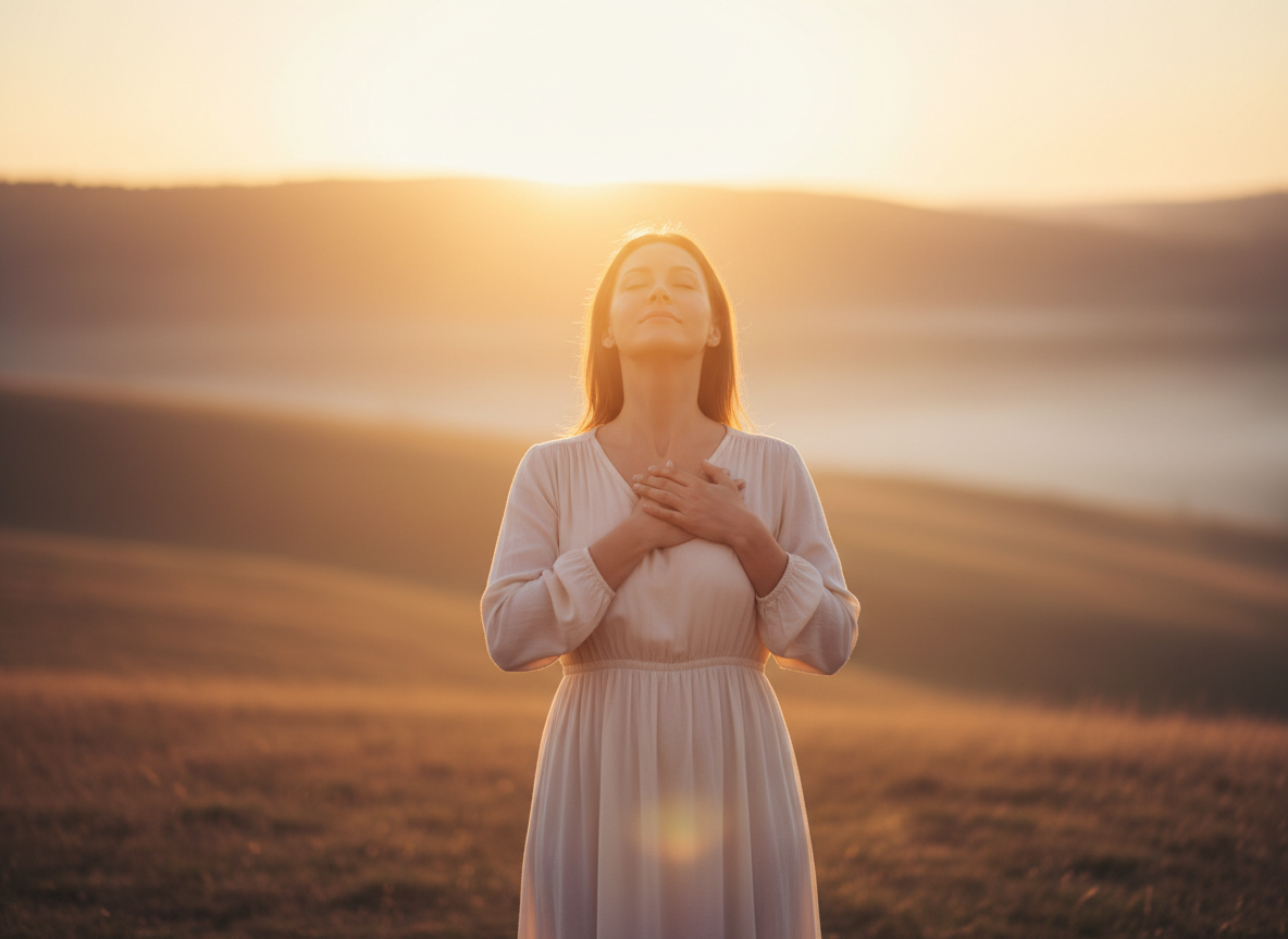 A woman with hands over her heart