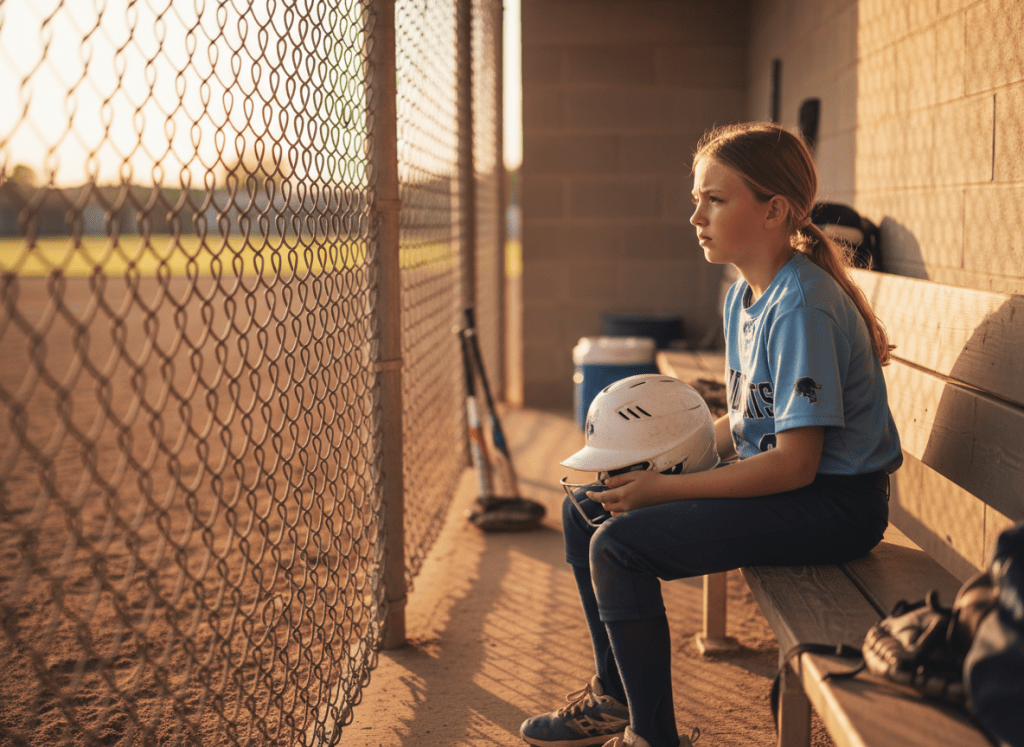 A quiet, reflective moment between innings at a youth softball game. A young girl sits alone in the dugout, helmet in her lap, looking out at the field with a thoughtful expression. Warm late afternoon light filters through the chain-link fence. The mood is calm and introspective — no action, just a still, honest moment. Cinematic and warm-toned.